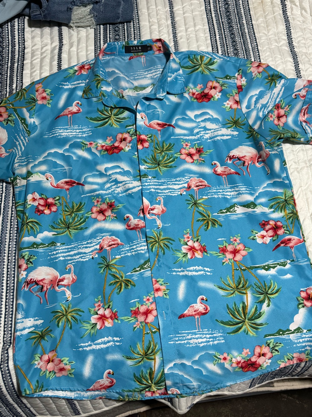 SSLR Blue Hawaiian Flamingo Print Dress Shirt